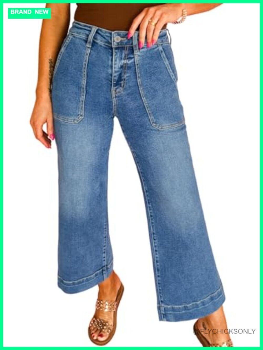 High Waisted Wide Leg Cropped Ankle Jeans Tummy Control Stretchy Denim Pants